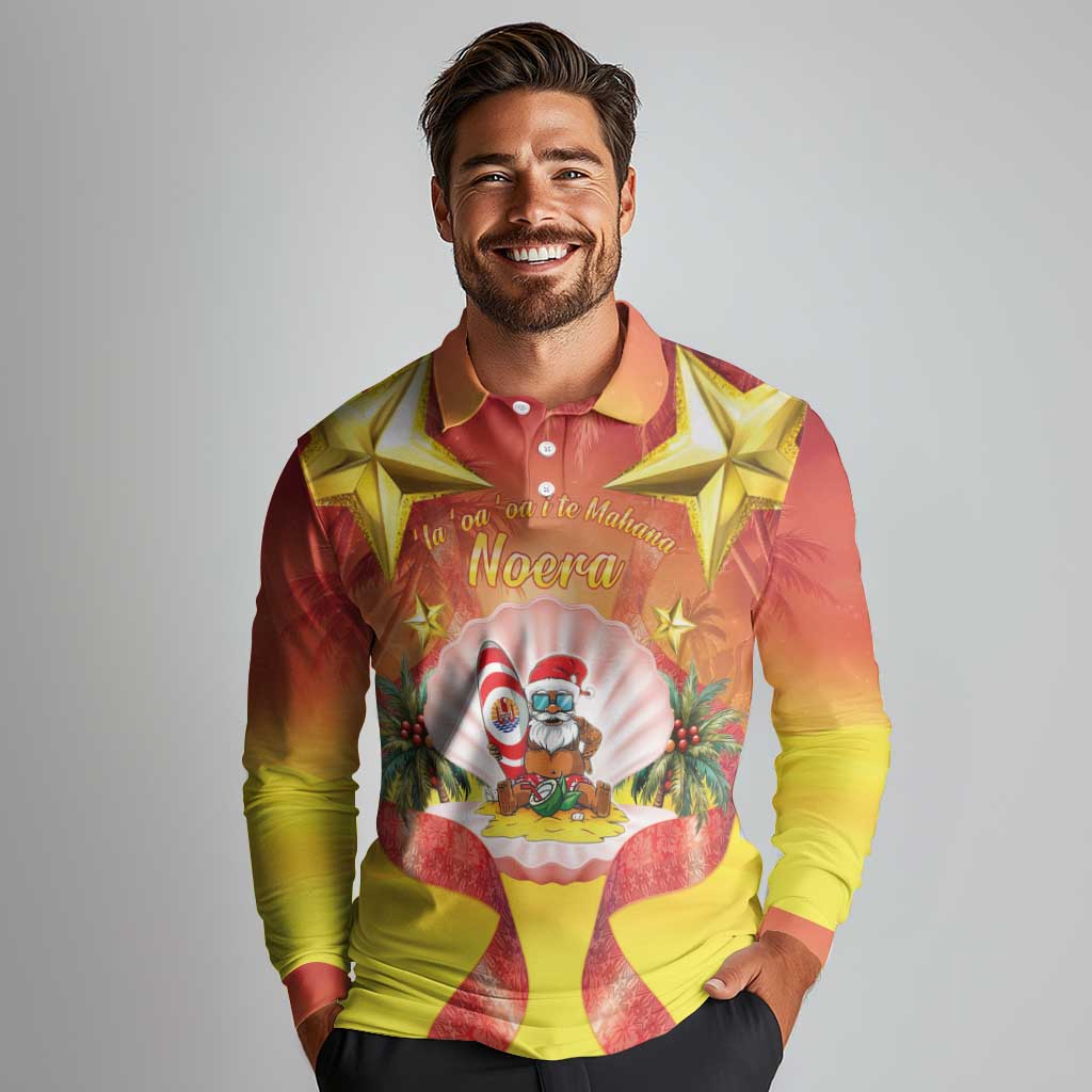 French Polynesia Christmas Long Sleeve Polo Shirt Seashell Santa Beach Vibes - Polynesian Pride