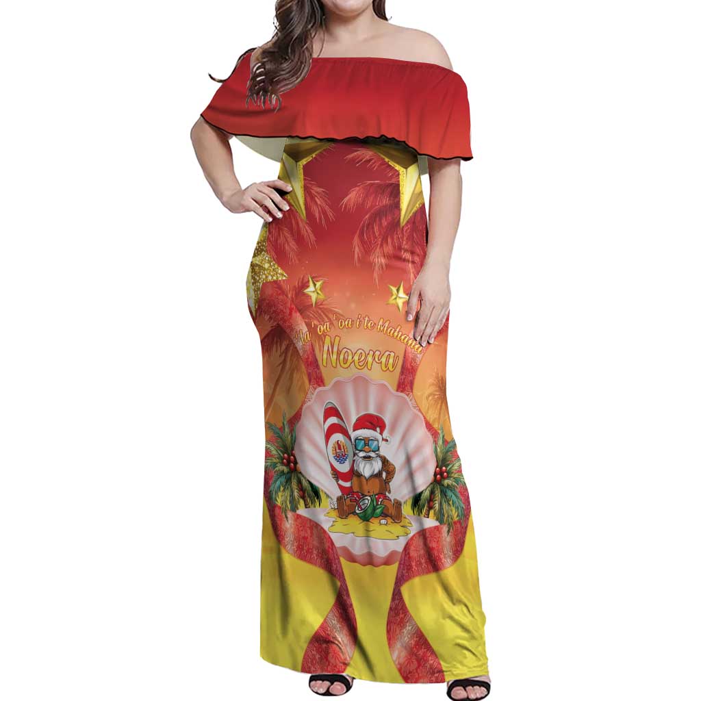 French Polynesia Christmas Off Shoulder Maxi Dress Seashell Santa Beach Vibes - Polynesian Pride
