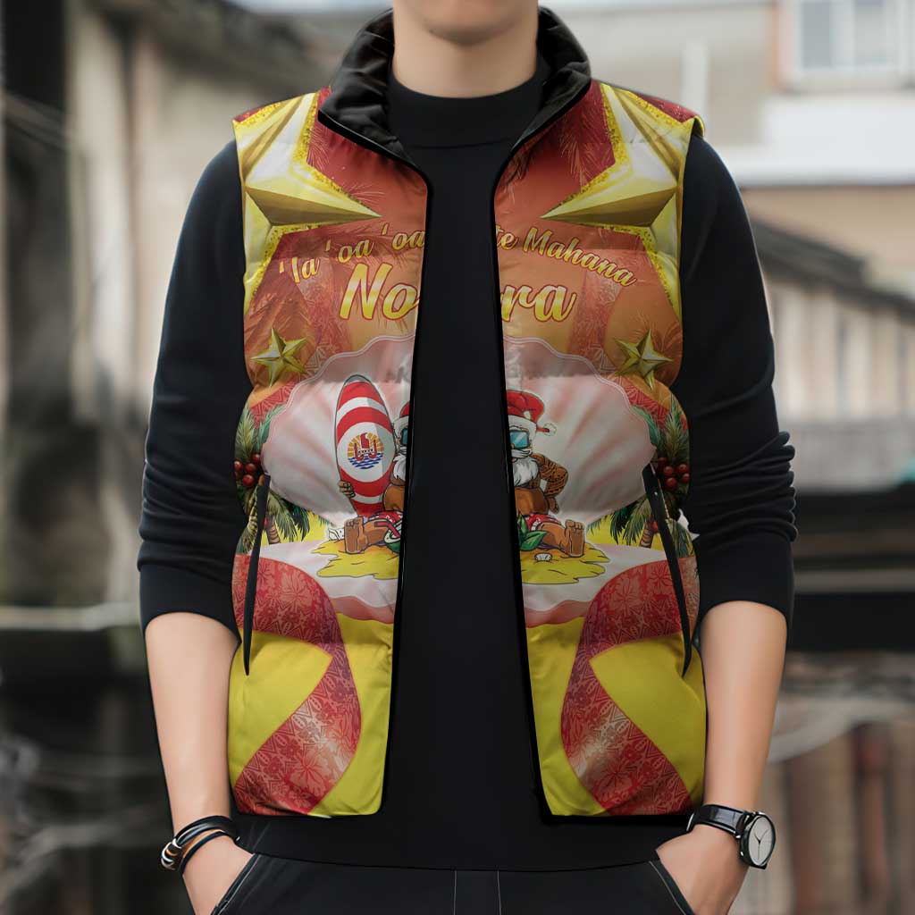 French Polynesia Christmas Sleeveless Puffer Jacket Seashell Santa Beach Vibes - Polynesian Pride