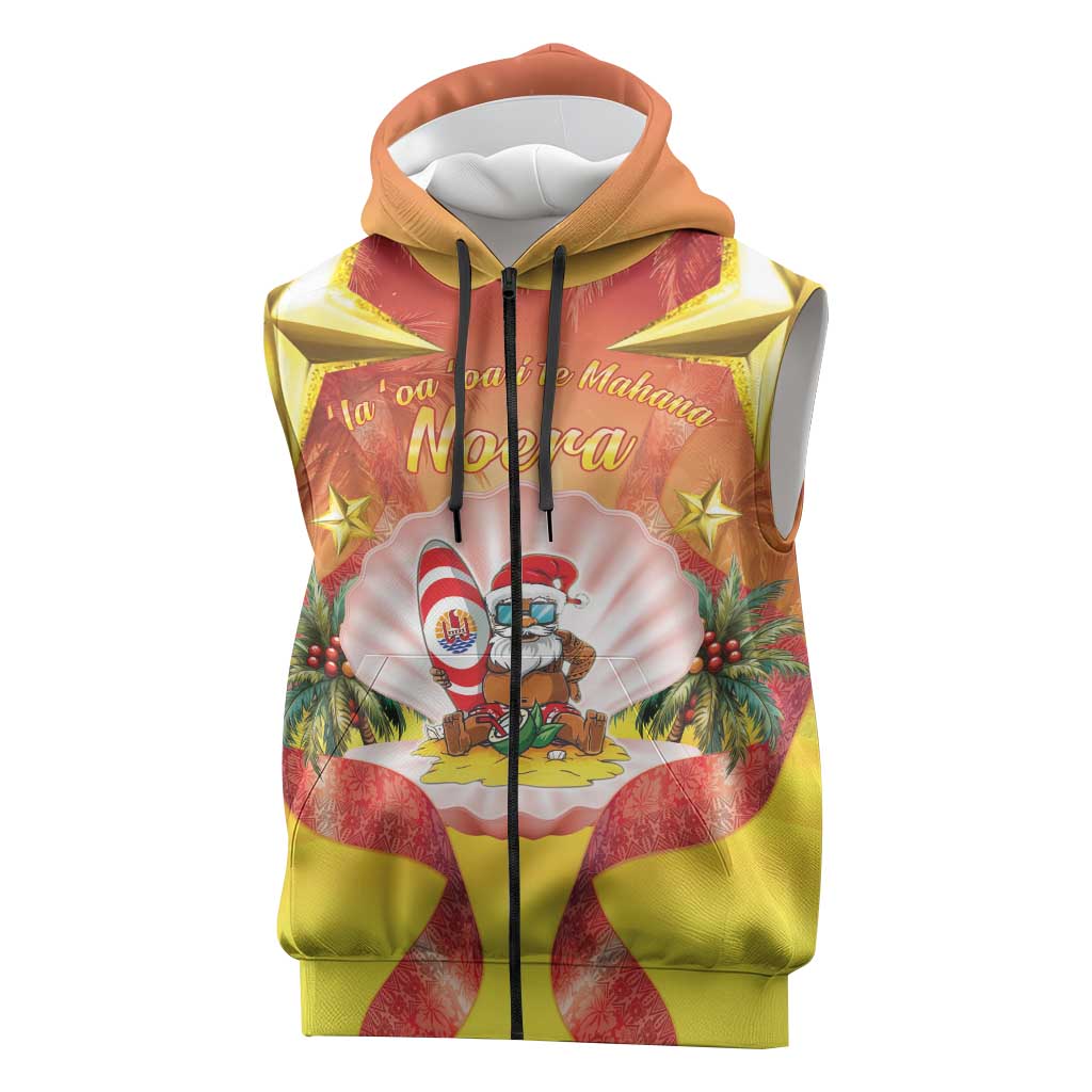 French Polynesia Christmas Sleeveless Zip Hoodie Seashell Santa Beach Vibes LT05 Orange - Polynesian Pride