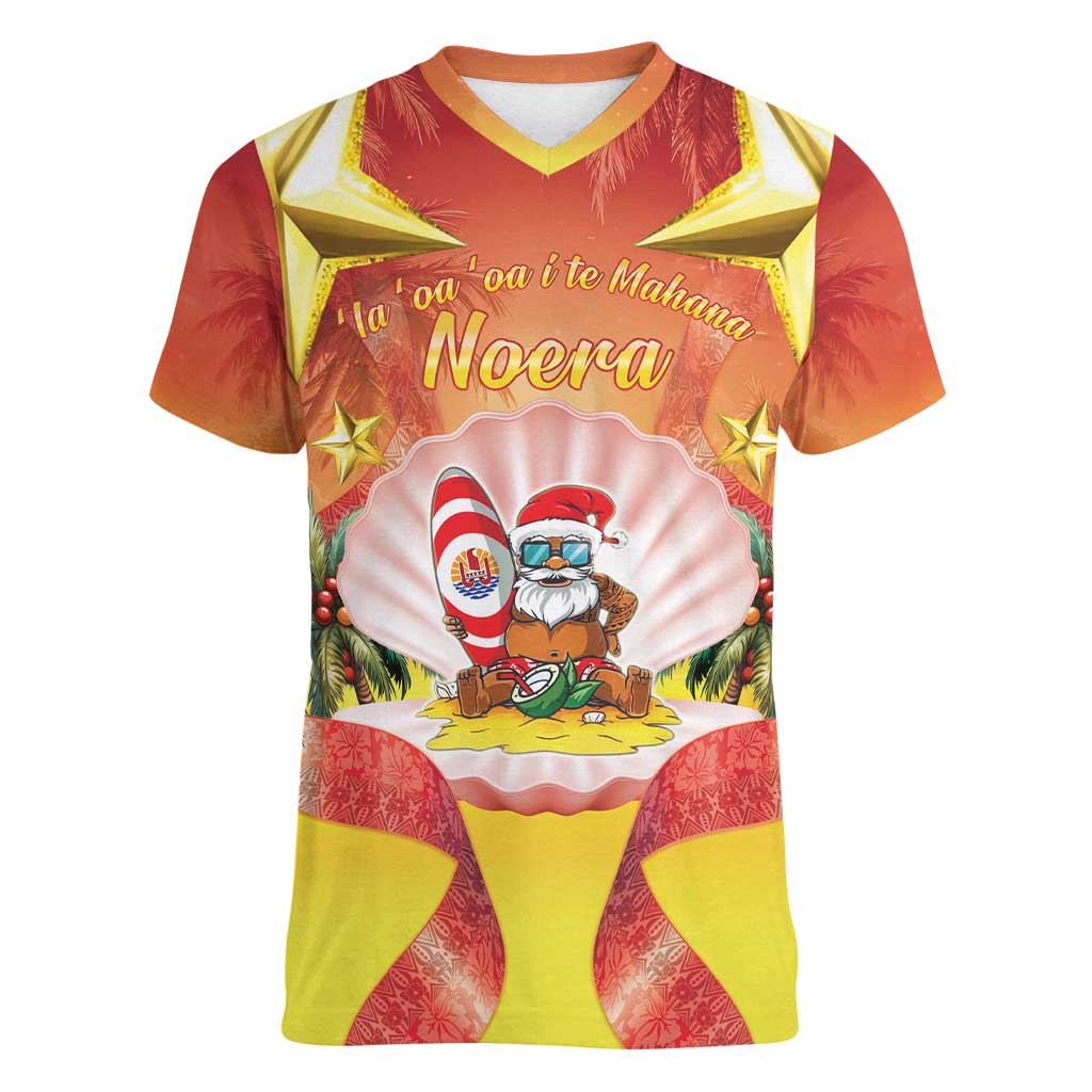 French Polynesia Christmas Women V-Neck T-Shirt Seashell Santa Beach Vibes LT05 Female Orange - Polynesian Pride