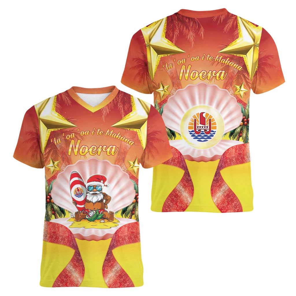 French Polynesia Christmas Women V-Neck T-Shirt Seashell Santa Beach Vibes LT05 - Polynesian Pride