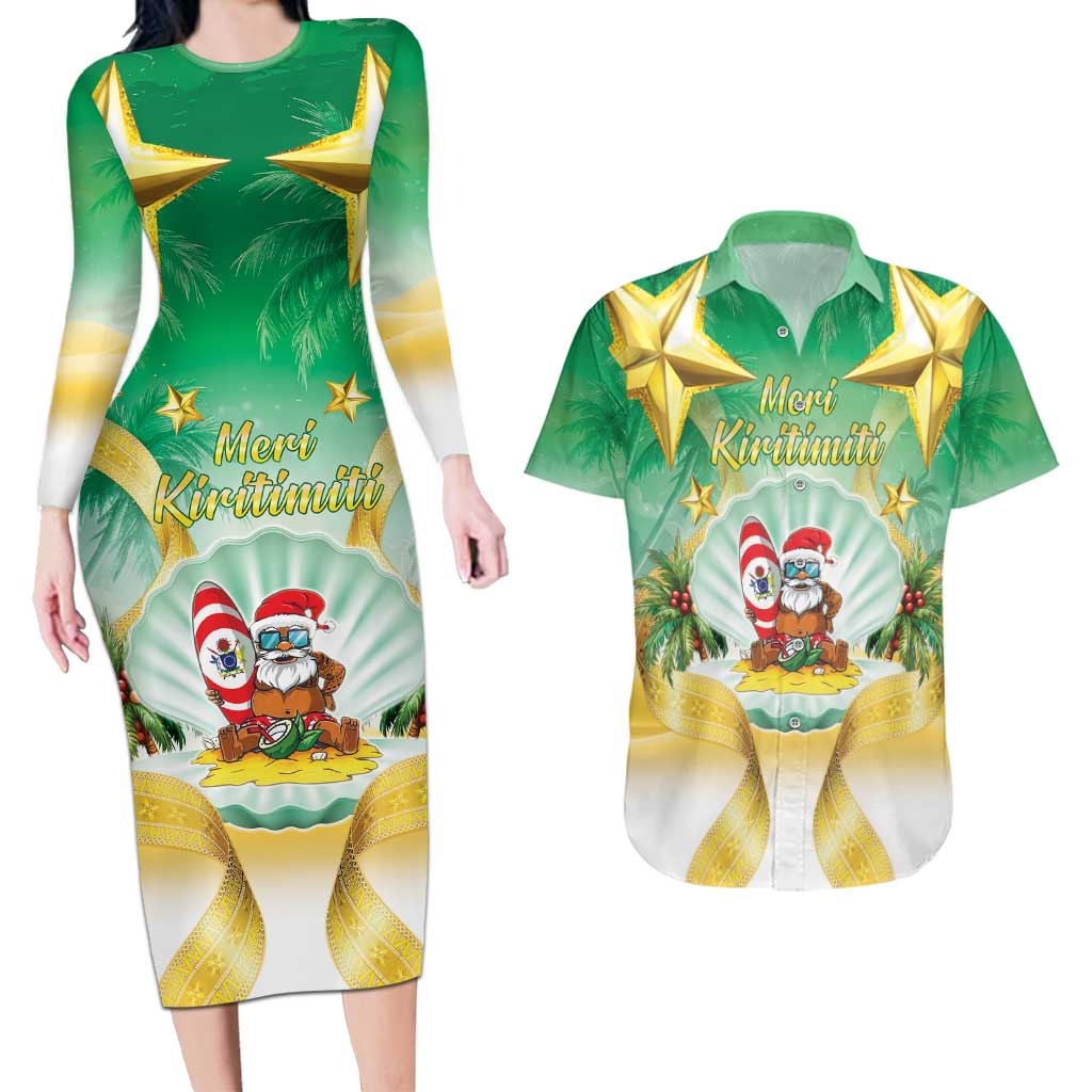 Cook Islands Christmas Couples Matching Long Sleeve Bodycon Dress and Hawaiian Shirt Seashell Santa Beach Vibes LT05 Green - Polynesian Pride