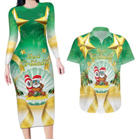 Cook Islands Christmas Couples Matching Long Sleeve Bodycon Dress and Hawaiian Shirt Seashell Santa Beach Vibes LT05 Green - Polynesian Pride