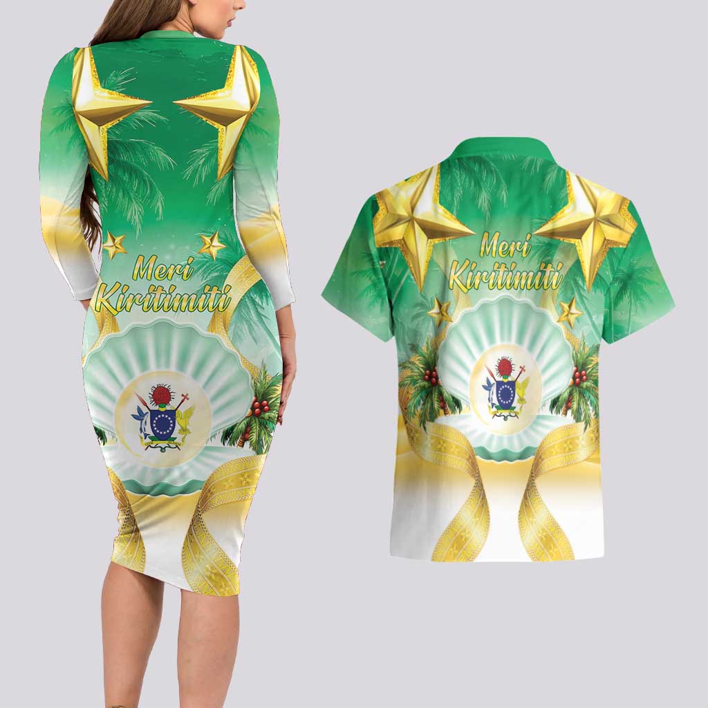 Cook Islands Christmas Couples Matching Long Sleeve Bodycon Dress and Hawaiian Shirt Seashell Santa Beach Vibes LT05 - Polynesian Pride