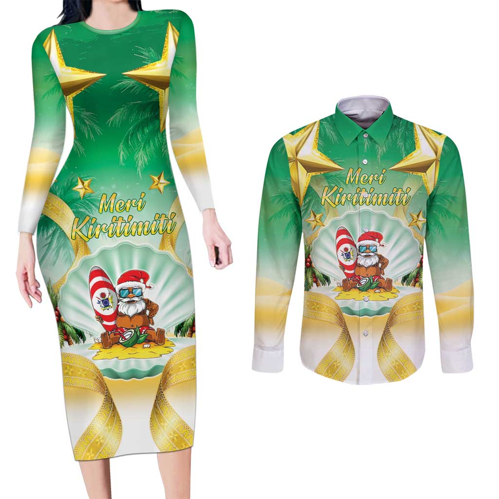 Cook Islands Christmas Couples Matching Long Sleeve Bodycon Dress and Long Sleeve Button Shirt Seashell Santa Beach Vibes LT05 Green - Polynesian Pride