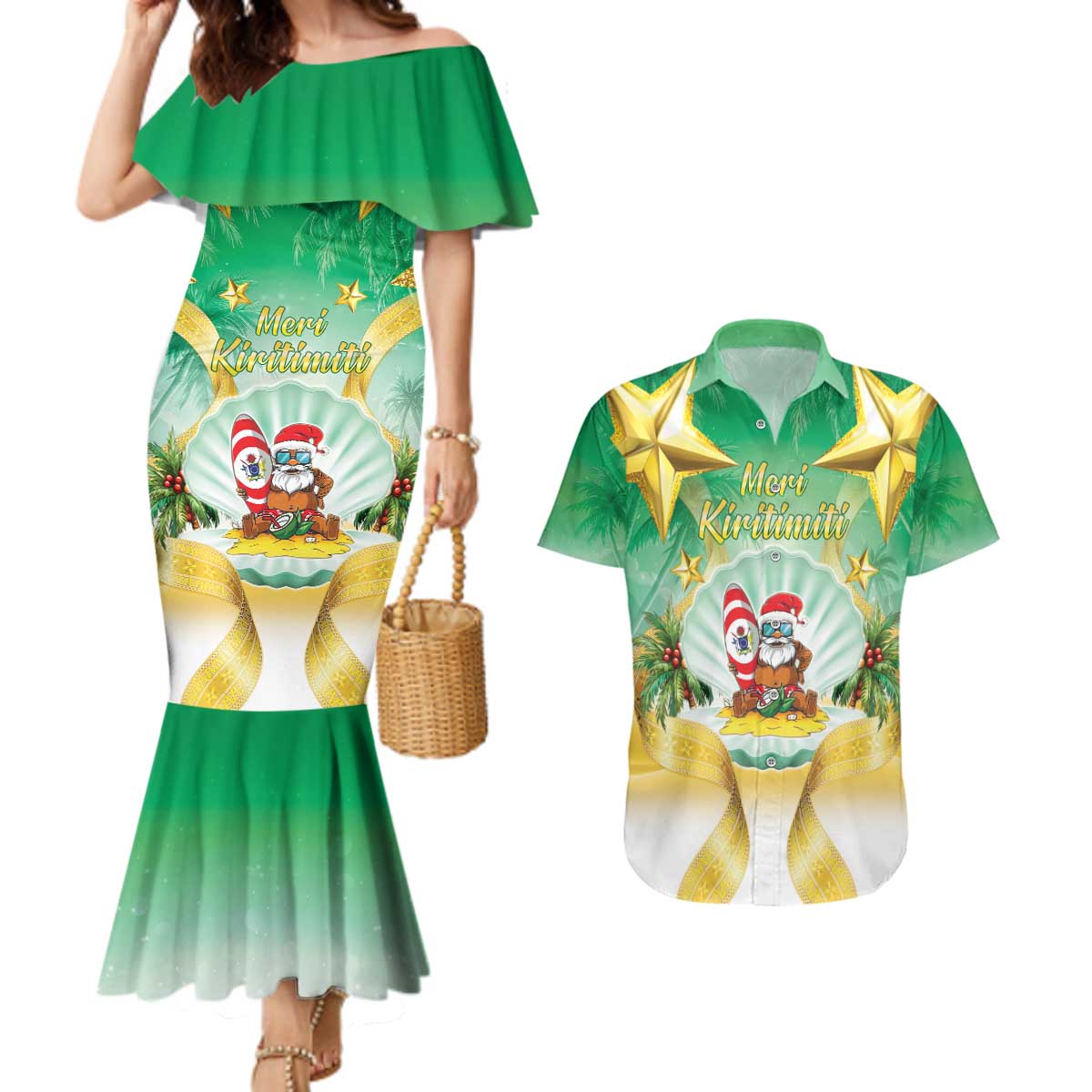 Cook Islands Christmas Couples Matching Mermaid Dress and Hawaiian Shirt Seashell Santa Beach Vibes LT05 Green - Polynesian Pride