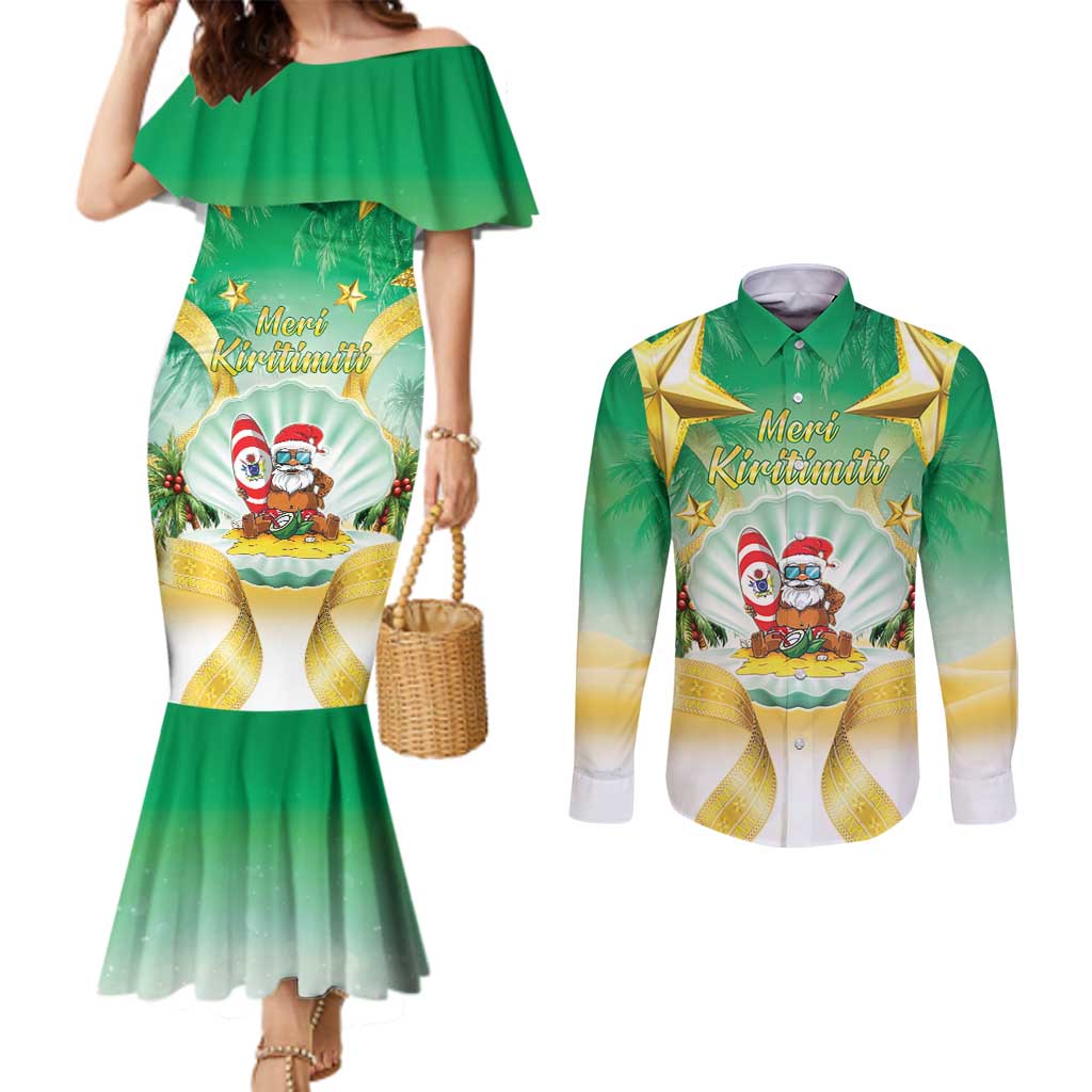 Cook Islands Christmas Couples Matching Mermaid Dress and Long Sleeve Button Shirt Seashell Santa Beach Vibes LT05 Green - Polynesian Pride
