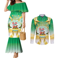 Cook Islands Christmas Couples Matching Mermaid Dress and Long Sleeve Button Shirt Seashell Santa Beach Vibes LT05 Green - Polynesian Pride