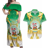 Cook Islands Christmas Couples Matching Off Shoulder Maxi Dress and Hawaiian Shirt Seashell Santa Beach Vibes LT05 Green - Polynesian Pride