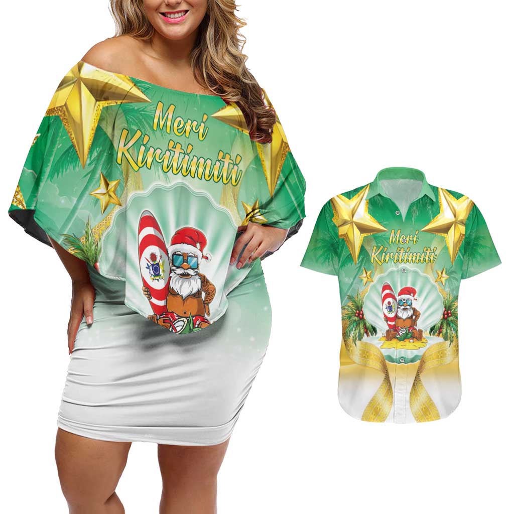 Cook Islands Christmas Couples Matching Off Shoulder Short Dress and Hawaiian Shirt Seashell Santa Beach Vibes LT05 Green - Polynesian Pride