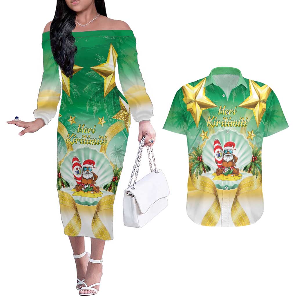 Cook Islands Christmas Couples Matching Off The Shoulder Long Sleeve Dress and Hawaiian Shirt Seashell Santa Beach Vibes LT05 Green - Polynesian Pride