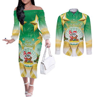 Cook Islands Christmas Couples Matching Off The Shoulder Long Sleeve Dress and Long Sleeve Button Shirt Seashell Santa Beach Vibes LT05 Green - Polynesian Pride