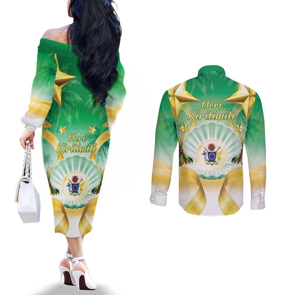 Cook Islands Christmas Couples Matching Off The Shoulder Long Sleeve Dress and Long Sleeve Button Shirt Seashell Santa Beach Vibes LT05 - Polynesian Pride
