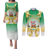 Cook Islands Christmas Couples Matching Puletasi and Long Sleeve Button Shirt Seashell Santa Beach Vibes LT05 Green - Polynesian Pride
