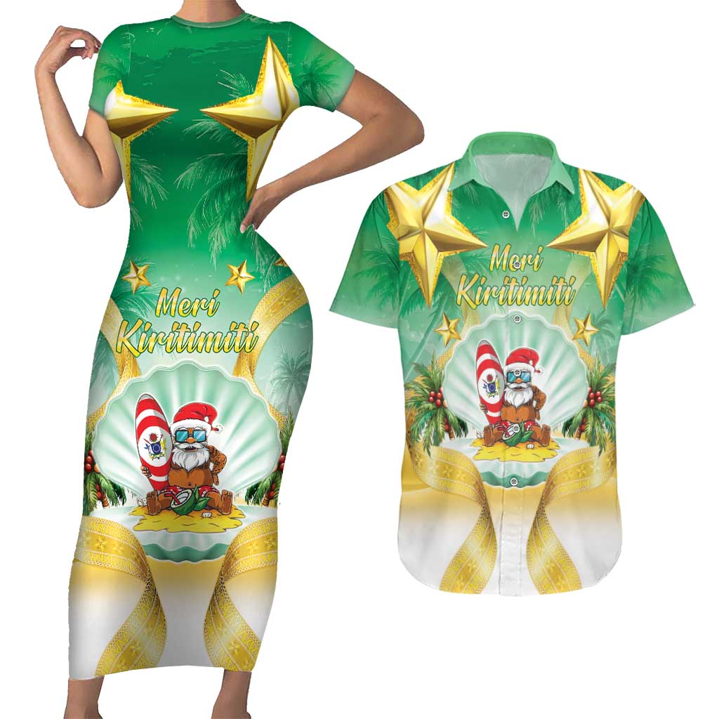 Cook Islands Christmas Couples Matching Short Sleeve Bodycon Dress and Hawaiian Shirt Seashell Santa Beach Vibes LT05 Green - Polynesian Pride