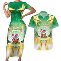 Cook Islands Christmas Couples Matching Short Sleeve Bodycon Dress and Hawaiian Shirt Seashell Santa Beach Vibes LT05 Green - Polynesian Pride