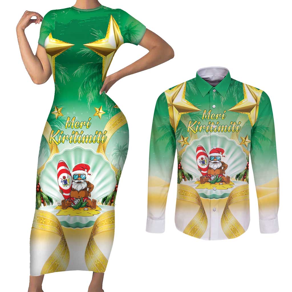 Cook Islands Christmas Couples Matching Short Sleeve Bodycon Dress and Long Sleeve Button Shirt Seashell Santa Beach Vibes LT05 Green - Polynesian Pride
