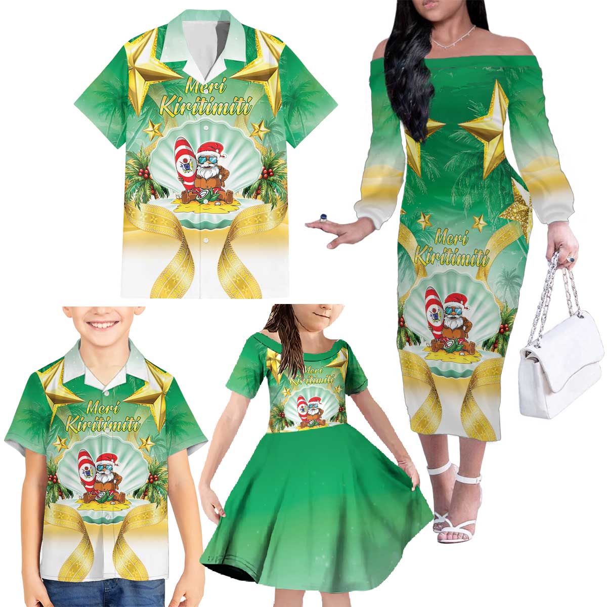 Cook Islands Christmas Family Matching Off The Shoulder Long Sleeve Dress and Hawaiian Shirt Seashell Santa Beach Vibes LT05 - Polynesian Pride