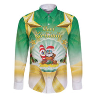 Cook Islands Christmas Family Matching Off The Shoulder Long Sleeve Dress and Hawaiian Shirt Seashell Santa Beach Vibes LT05 Dad's Shirt - Long Sleeve Green - Polynesian Pride