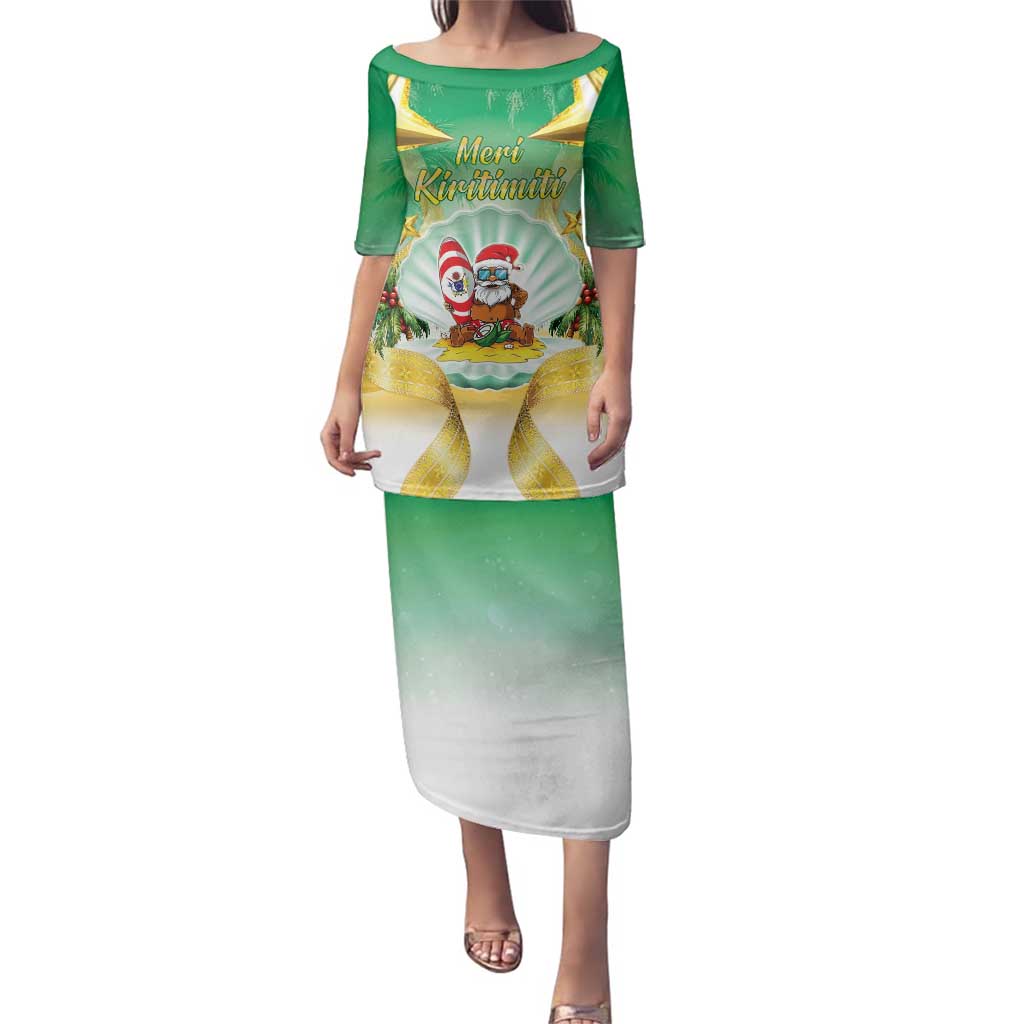 Cook Islands Christmas Family Matching Puletasi and Hawaiian Shirt Seashell Santa Beach Vibes LT05 Mom's Dress Green - Polynesian Pride
