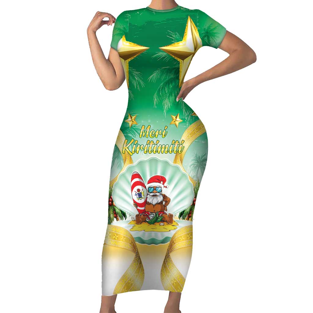 Cook Islands Christmas Family Matching Short Sleeve Bodycon Dress and Hawaiian Shirt Seashell Santa Beach Vibes LT05 Mom's Dress Green - Polynesian Pride