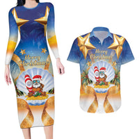 Marshall Islands Christmas Couples Matching Long Sleeve Bodycon Dress and Hawaiian Shirt Seashell Santa Beach Vibes LT05 Navy - Polynesian Pride