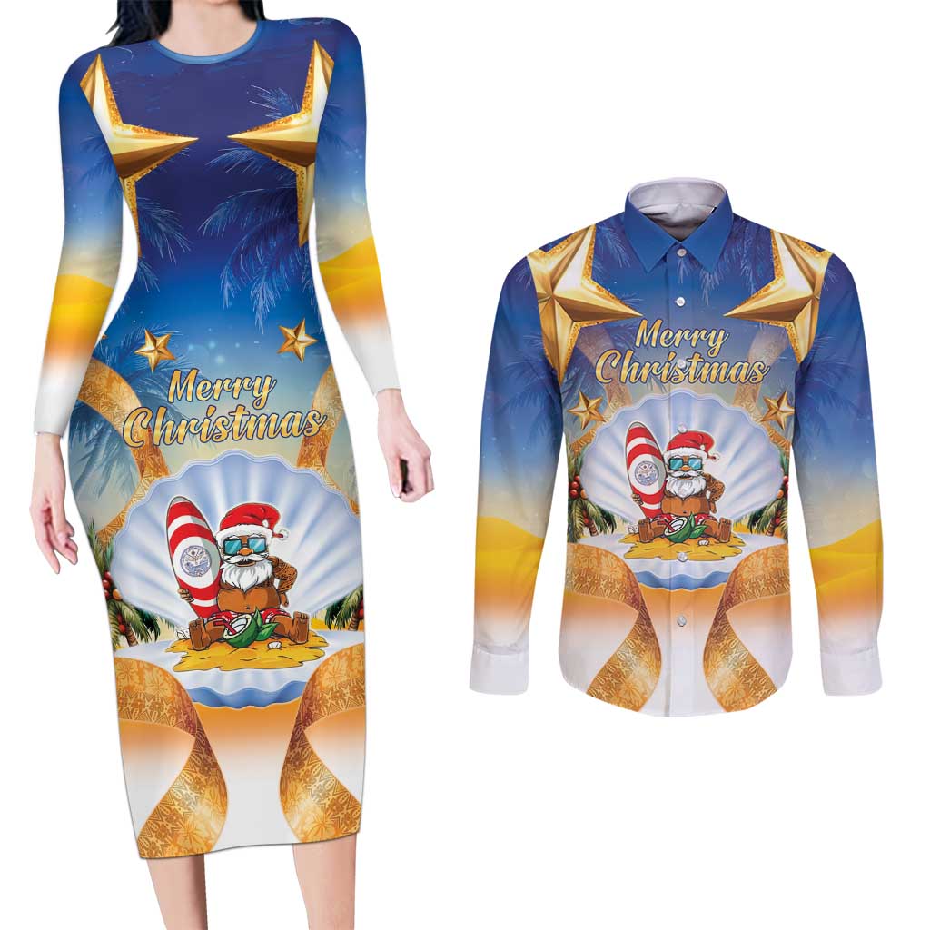 Marshall Islands Christmas Couples Matching Long Sleeve Bodycon Dress and Long Sleeve Button Shirt Seashell Santa Beach Vibes LT05 Navy - Polynesian Pride
