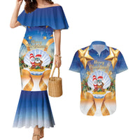 Marshall Islands Christmas Couples Matching Mermaid Dress and Hawaiian Shirt Seashell Santa Beach Vibes LT05 Navy - Polynesian Pride
