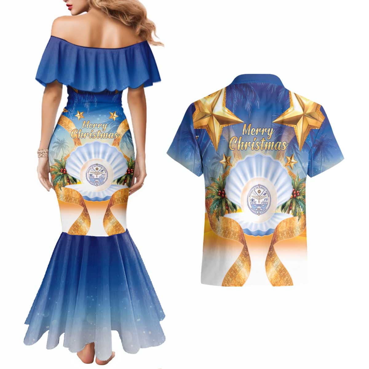 Marshall Islands Christmas Couples Matching Mermaid Dress and Hawaiian Shirt Seashell Santa Beach Vibes LT05 - Polynesian Pride