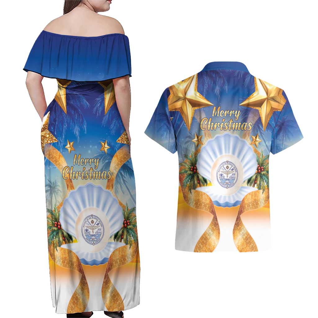 Marshall Islands Christmas Couples Matching Off Shoulder Maxi Dress and Hawaiian Shirt Seashell Santa Beach Vibes - Polynesian Pride