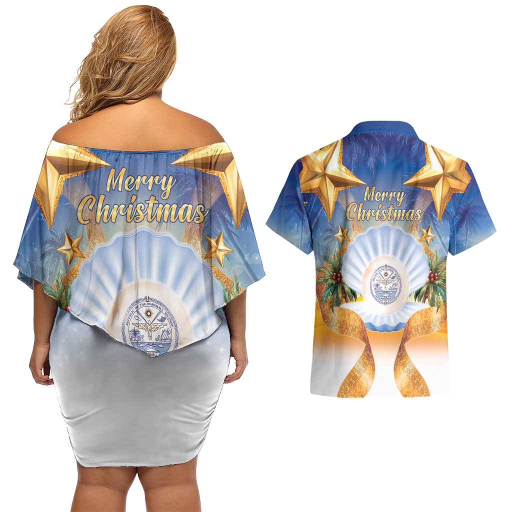 Marshall Islands Christmas Couples Matching Off Shoulder Short Dress and Hawaiian Shirt Seashell Santa Beach Vibes LT05 - Polynesian Pride