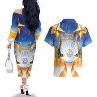 Marshall Islands Christmas Couples Matching Off The Shoulder Long Sleeve Dress and Hawaiian Shirt Seashell Santa Beach Vibes LT05 - Polynesian Pride