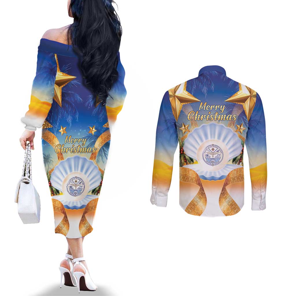 Marshall Islands Christmas Couples Matching Off The Shoulder Long Sleeve Dress and Long Sleeve Button Shirt Seashell Santa Beach Vibes LT05 - Polynesian Pride