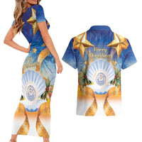 Marshall Islands Christmas Couples Matching Short Sleeve Bodycon Dress and Hawaiian Shirt Seashell Santa Beach Vibes LT05 - Polynesian Pride