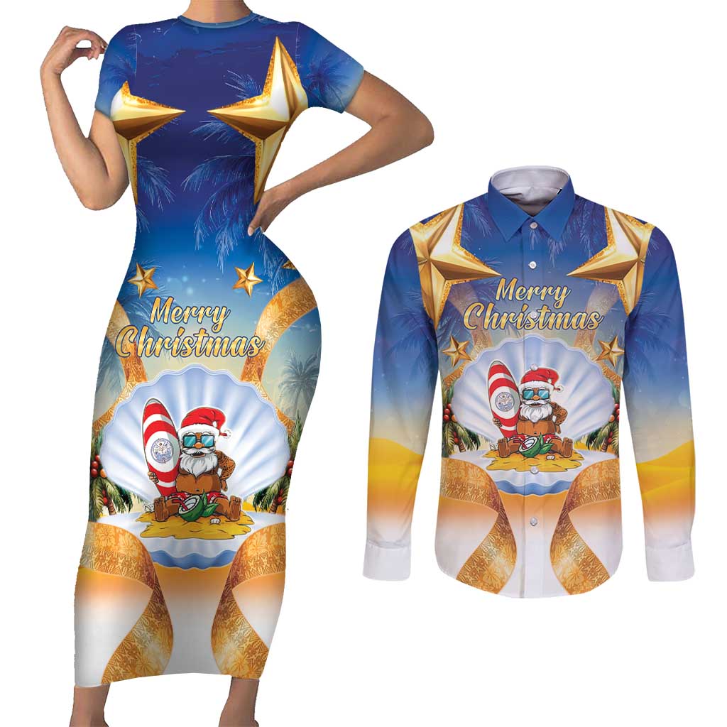 Marshall Islands Christmas Couples Matching Short Sleeve Bodycon Dress and Long Sleeve Button Shirt Seashell Santa Beach Vibes LT05 Navy - Polynesian Pride