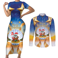 Marshall Islands Christmas Couples Matching Short Sleeve Bodycon Dress and Long Sleeve Button Shirt Seashell Santa Beach Vibes LT05 Navy - Polynesian Pride