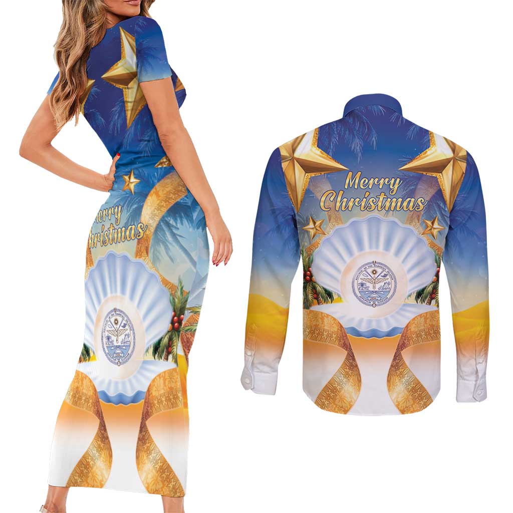 Marshall Islands Christmas Couples Matching Short Sleeve Bodycon Dress and Long Sleeve Button Shirt Seashell Santa Beach Vibes LT05 - Polynesian Pride