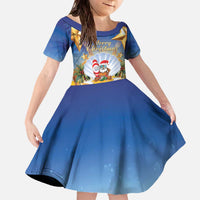 Marshall Islands Christmas Family Matching Off The Shoulder Long Sleeve Dress and Hawaiian Shirt Seashell Santa Beach Vibes LT05 Daughter's Dress Navy - Polynesian Pride