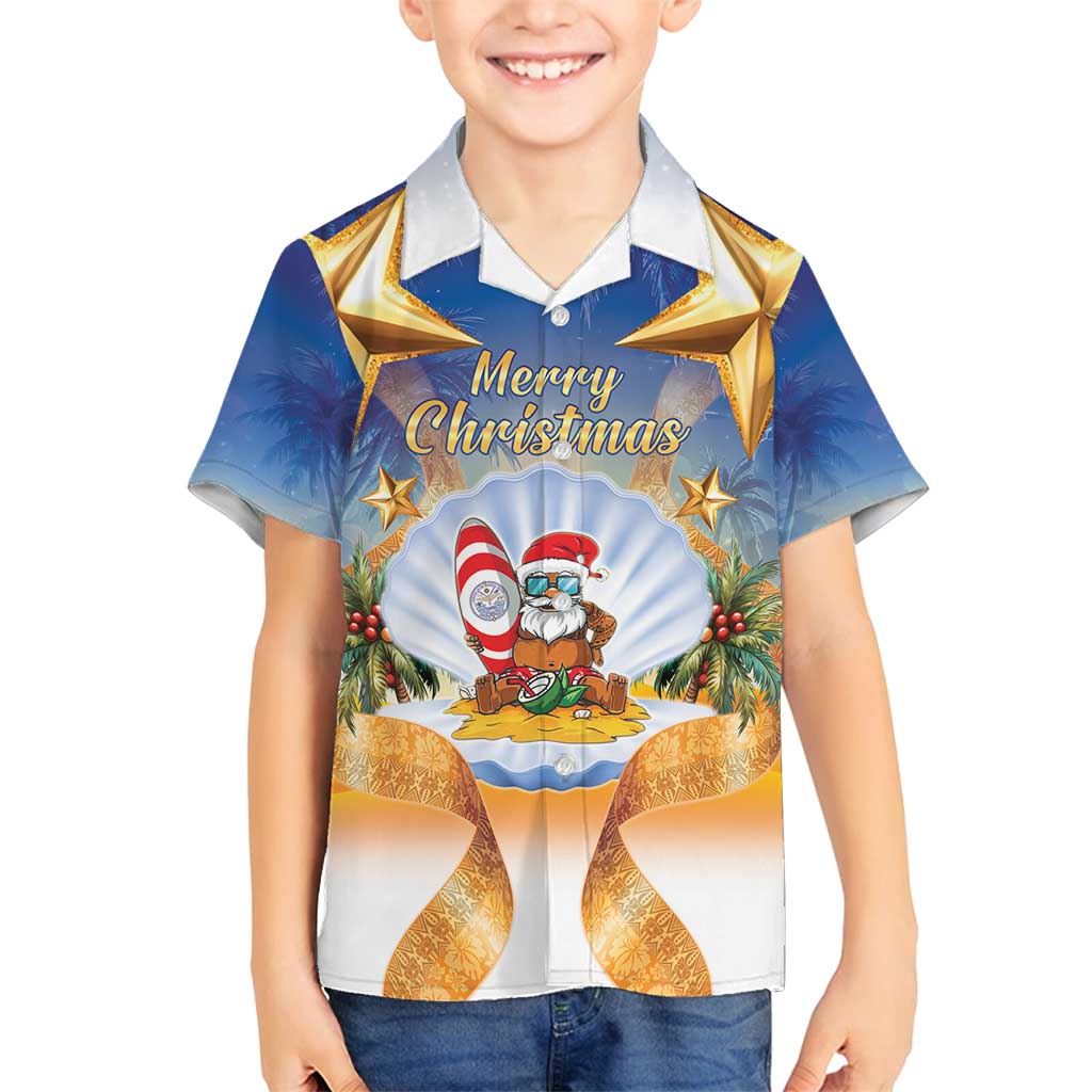 Marshall Islands Christmas Family Matching Off Shoulder Short Dress and Hawaiian Shirt Seashell Santa Beach Vibes LT05 Son's Shirt Navy - Polynesian Pride