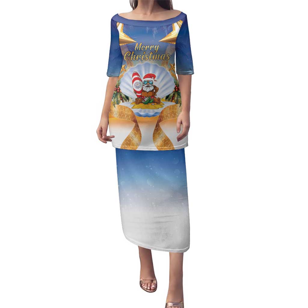 Marshall Islands Christmas Family Matching Puletasi and Hawaiian Shirt Seashell Santa Beach Vibes LT05 Mom's Dress Navy - Polynesian Pride