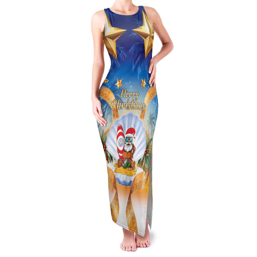 Marshall Islands Christmas Family Matching Tank Maxi Dress and Hawaiian Shirt Seashell Santa Beach Vibes LT05 Mom's Dress Navy - Polynesian Pride