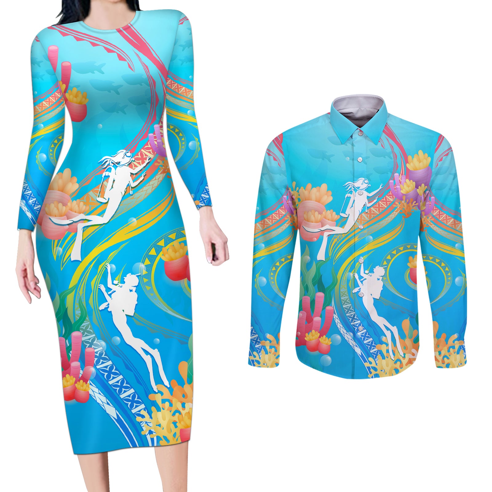 Under The Sea Scuba Diving Couples Matching Long Sleeve Bodycon Dress and Long Sleeve Button Shirt Polynesian Pattern LT05 Blue - Polynesian Pride