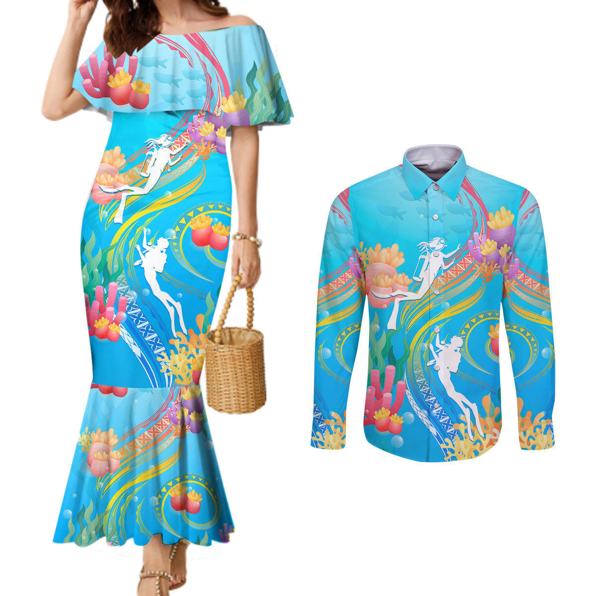 Under The Sea Scuba Diving Couples Matching Mermaid Dress and Long Sleeve Button Shirt Polynesian Pattern LT05 Blue - Polynesian Pride
