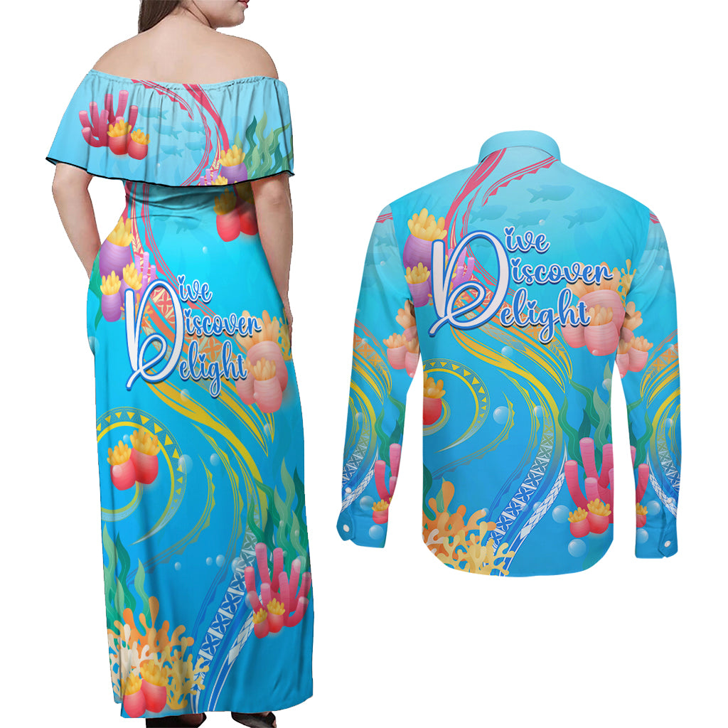 Under The Sea Scuba Diving Couples Matching Off Shoulder Maxi Dress and Long Sleeve Button Shirt Polynesian Pattern LT05 - Polynesian Pride