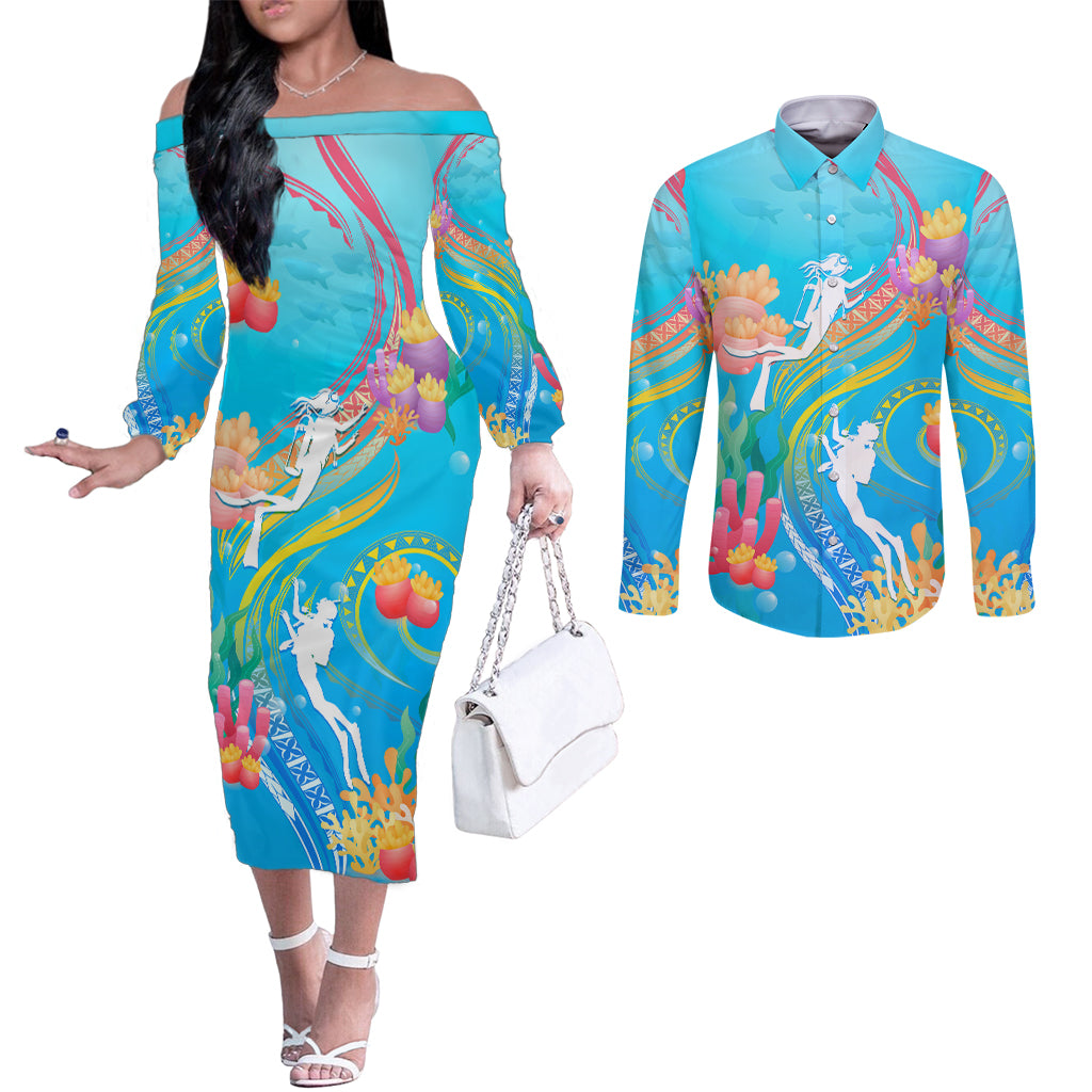 Under The Sea Scuba Diving Couples Matching Off The Shoulder Long Sleeve Dress and Long Sleeve Button Shirt Polynesian Pattern LT05 Blue - Polynesian Pride