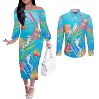 Under The Sea Scuba Diving Couples Matching Off The Shoulder Long Sleeve Dress and Long Sleeve Button Shirt Polynesian Pattern LT05 Blue - Polynesian Pride