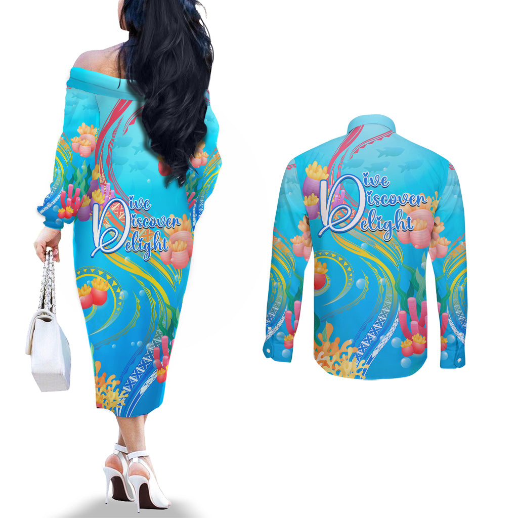 Under The Sea Scuba Diving Couples Matching Off The Shoulder Long Sleeve Dress and Long Sleeve Button Shirt Polynesian Pattern LT05 - Polynesian Pride
