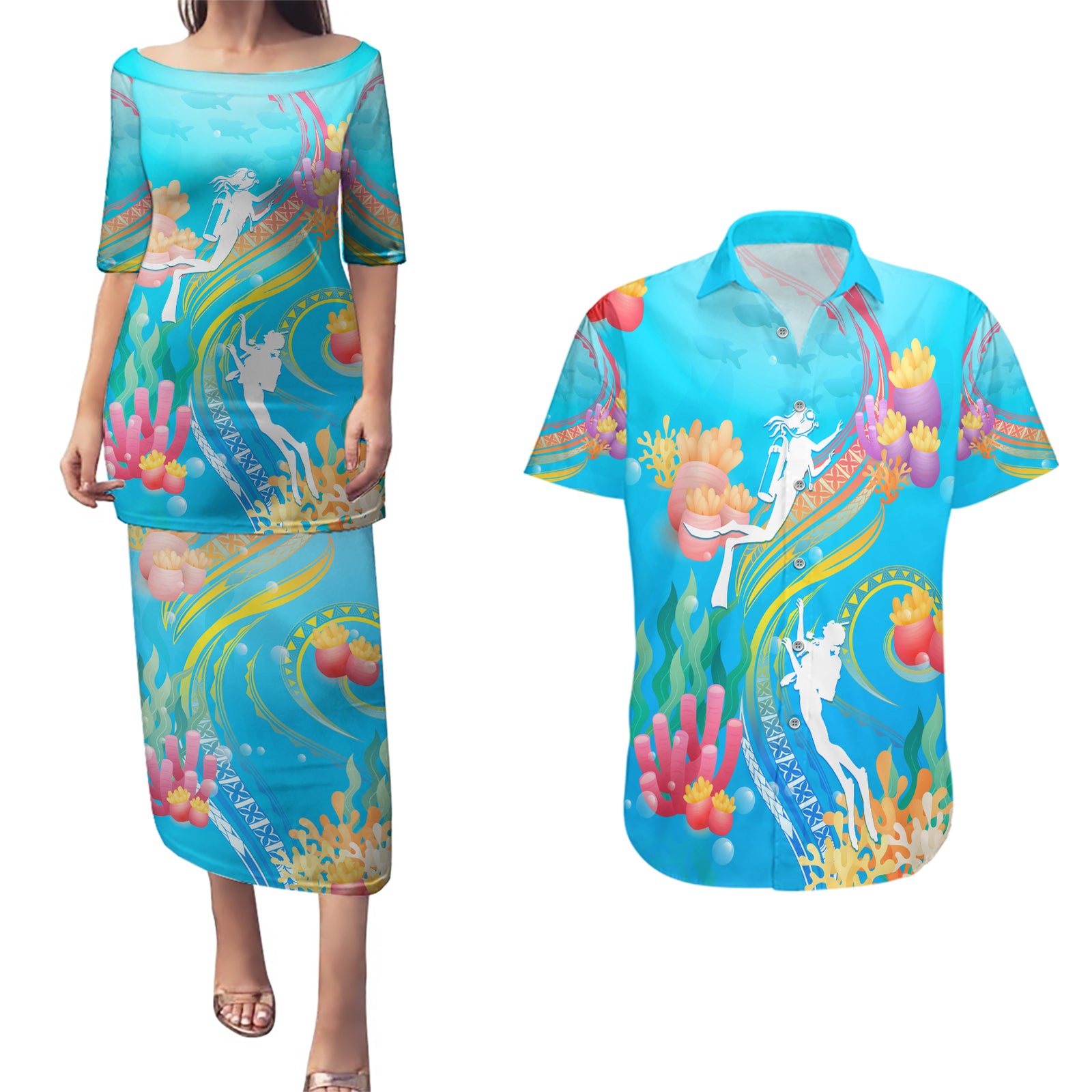 Under The Sea Scuba Diving Couples Matching Puletasi Dress and Hawaiian Shirt Polynesian Pattern LT05 Blue - Polynesian Pride