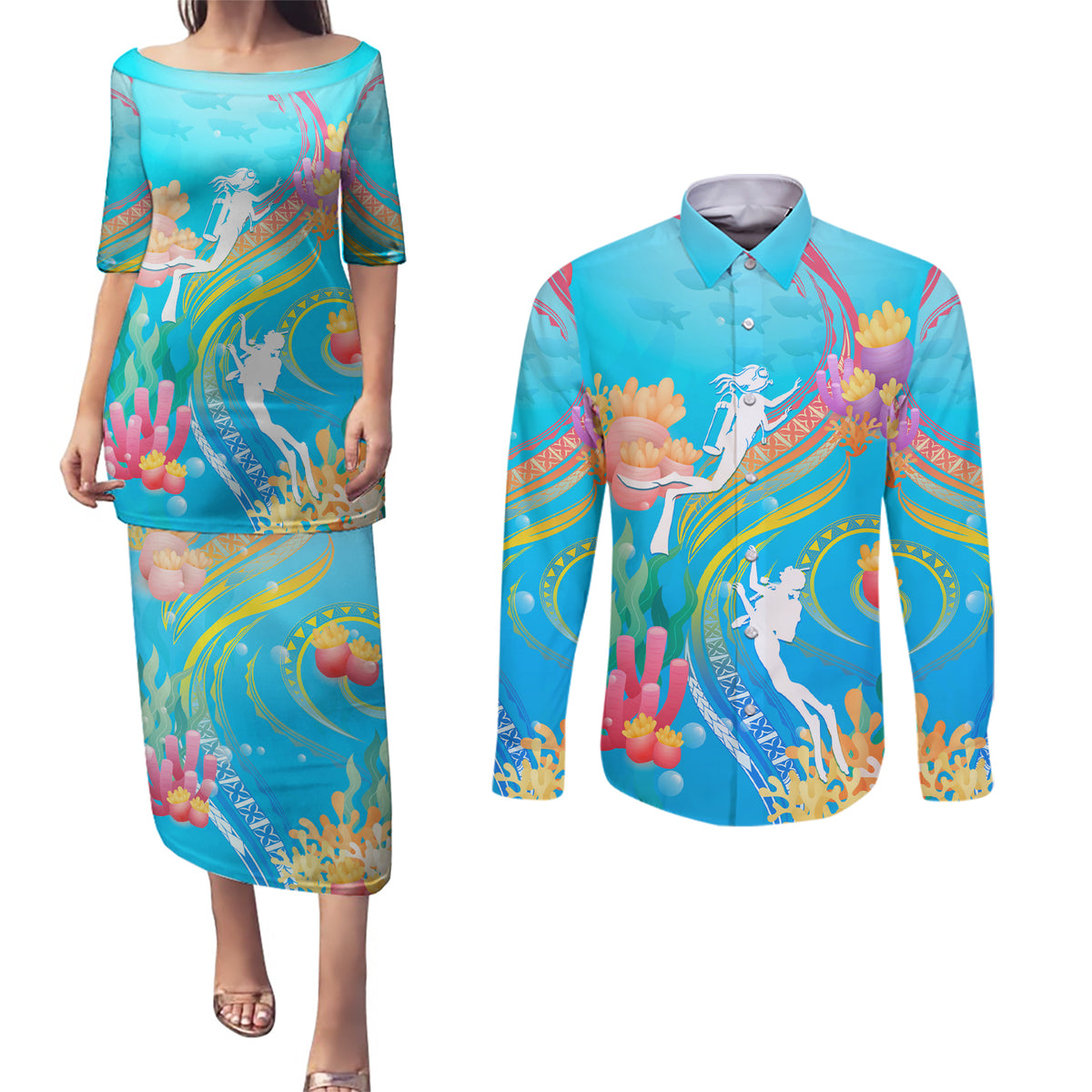 Under The Sea Scuba Diving Couples Matching Puletasi Dress and Long Sleeve Button Shirt Polynesian Pattern LT05 Blue - Polynesian Pride